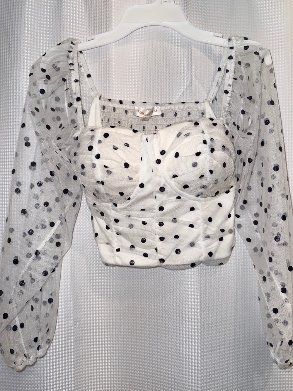 Sheer Polka Dot Puff Sleeve Bustier Top - White with Black Dots